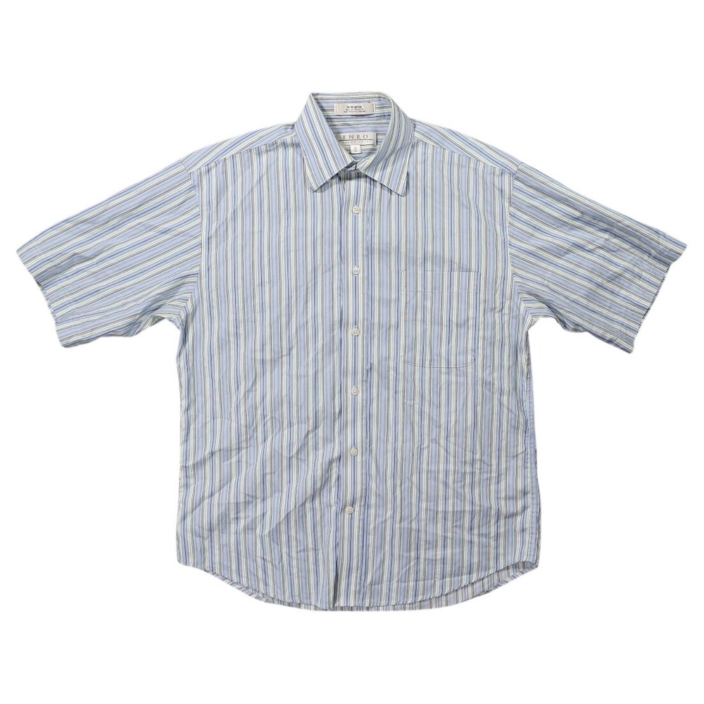 Enro Button Down Shirt Mens Medium Blue Excellent Short Sleeve Non-Iron Striped